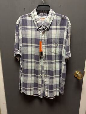 Joe Fresh blue white plaid short sleeve button down shirt Large NEW linen blend